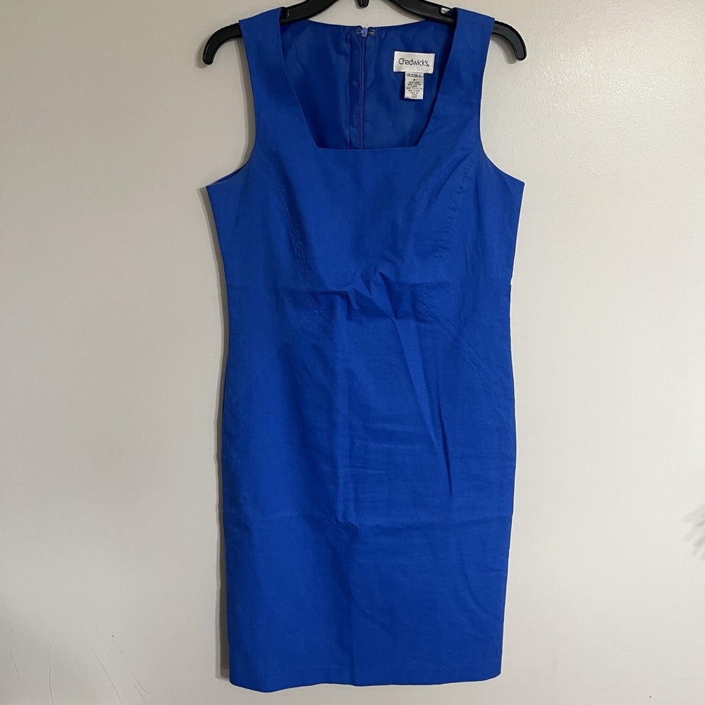Women's Chadwicks Linen Ponte Sleeveless Sheath Lined Dress Size 8 Blue